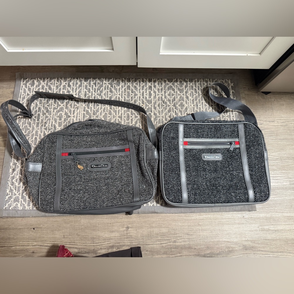 Vintage Oscar de la Renta Gray tweed weekender / Messenger Bag with Red Detail